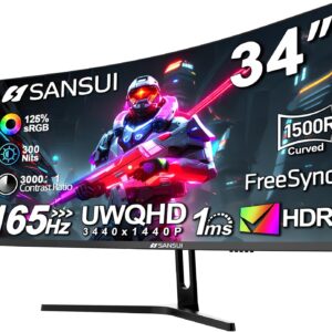 SANSUI 34-Inch Curved Gaming Monitor UWQHD 3440 x 1440 165Hz Curved 1500R – PIP/PBP, 1ms(MPRT), HDR, 300nits, sRGB 125%, DCI-P3 95%,FreeSync,HDMI x2,DP1.4 x2 (ES-G34C5 DP Cable Included)