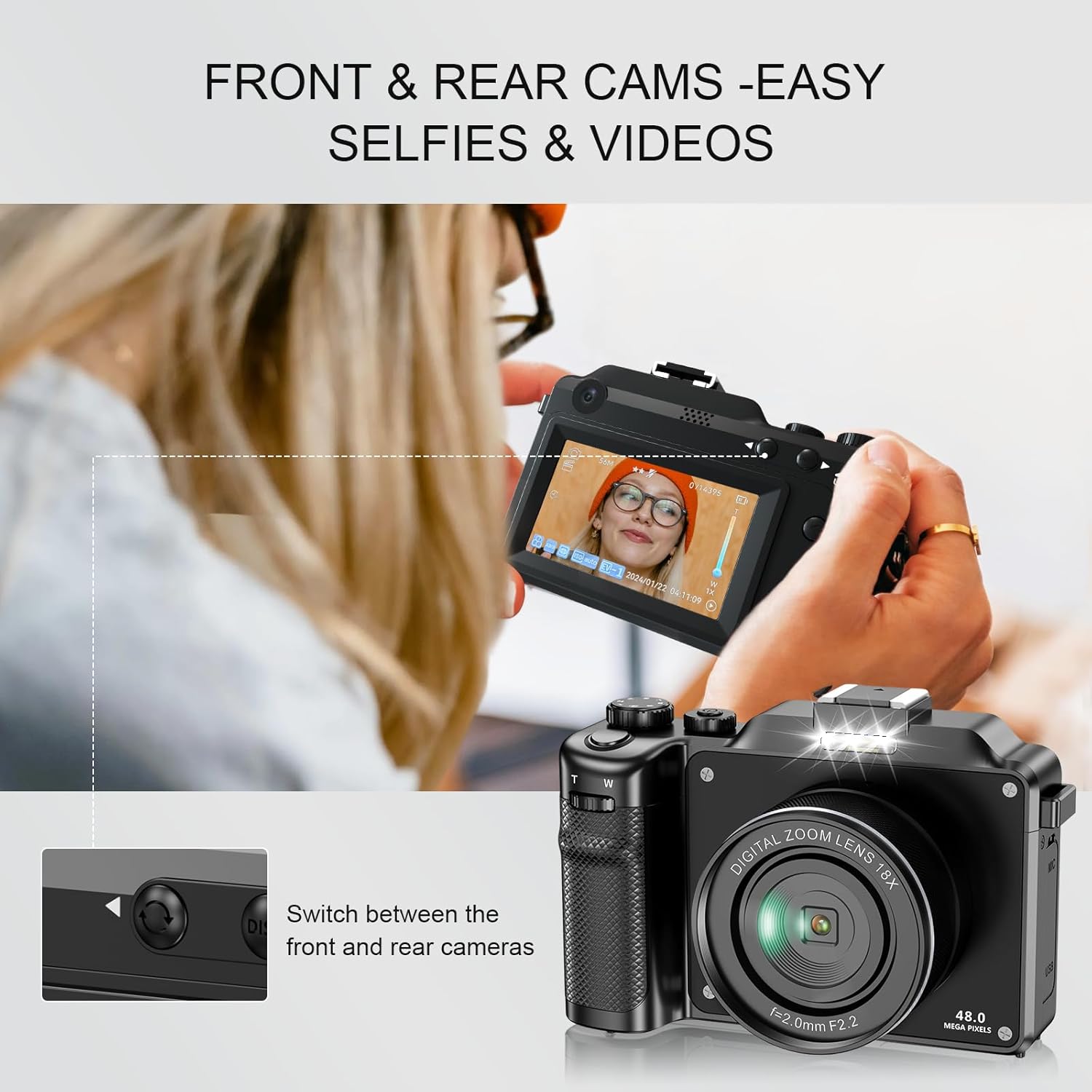 Yatao Digital Camera with WiFi, 4K 5K 64MP Photography Camera Kit for YouTube, Front and Rear Dual Camera for Convenient Selfie, Equipped with 64GB Micro Card, Wide & Macro Lens, Card Reader - Image 3