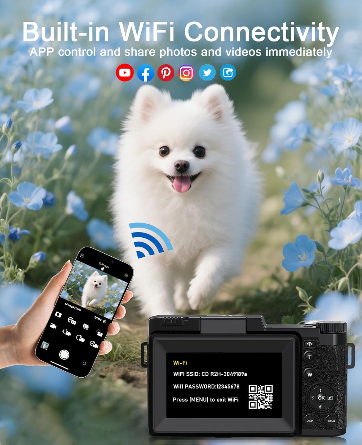 FLATIC Digital Camera with WiFi, 5K 64MP Cameras for Photography with 180° Flip Screen for YouTube, 18X Zoom Autofoucs Vlogging Camera with 64GB Card, Wide & Macro Lens, 2 Batteries, Card Reader - Image 5