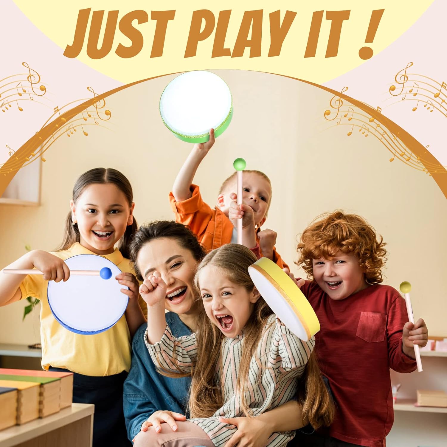 Boao 8 Pcs Kids Hand Drums Percussion Wood Frame Drums with Stick 12 Inch 10 Inch 8 Inch 6 Inch Percussion Musical Instruments for Christmas Home School Kids Adults Beginners Gifts, Multicolor - Image 5