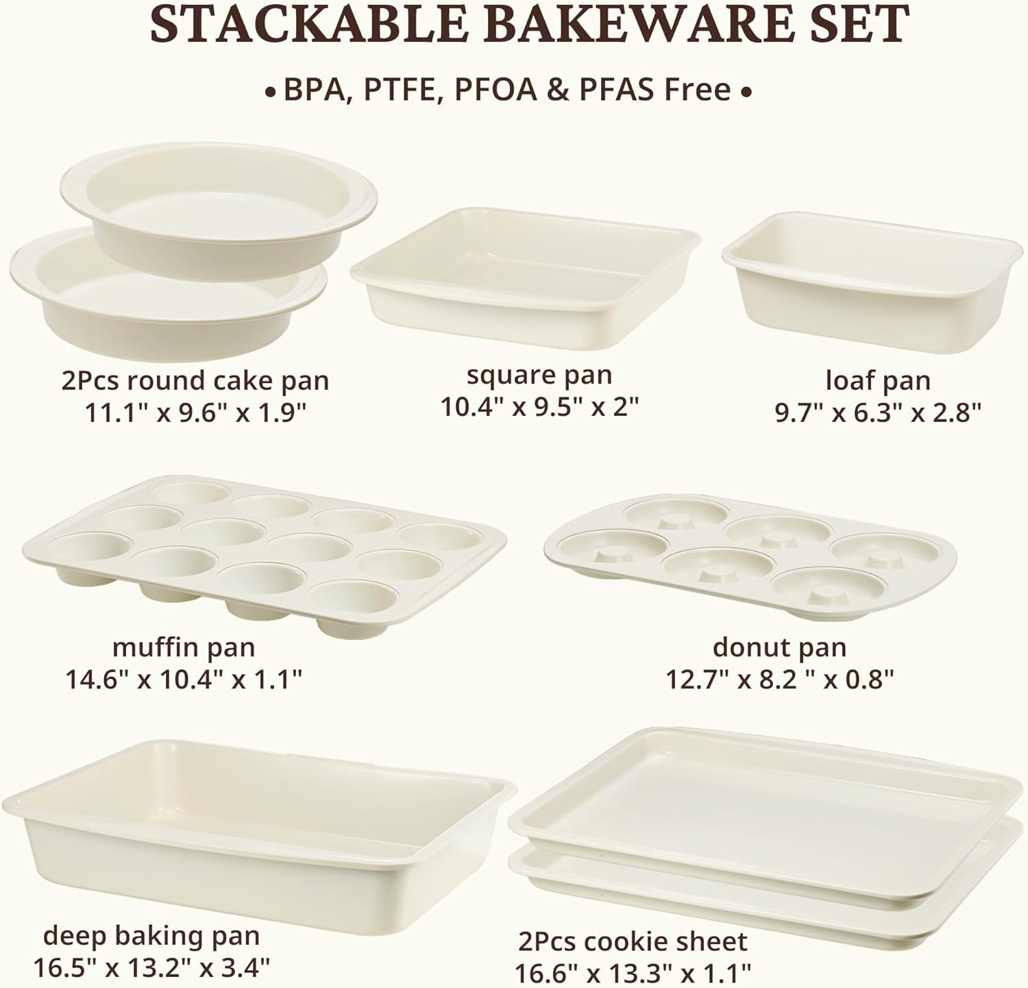 BRONYPRO Stackable Bakeware Set, 9-Piece Baking Pans Set with Non-Stick Coating and Innovative Handles, Includes Exclusive Donut Pan – Ideal for Home and Professional Baking(White) - Image 6