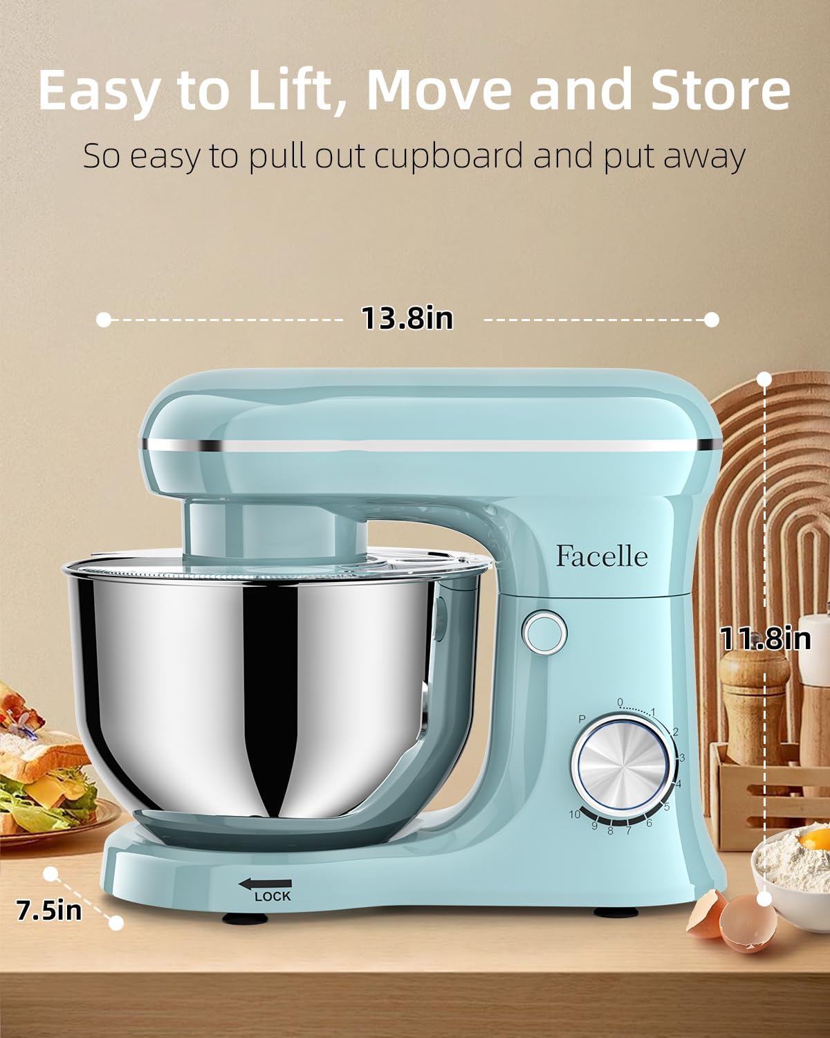 Facelle Tilt-Head Stand Mixer, 5QT+6QT Stainless Steel Two Bowls, 10 Speeds Kitchen Electric Food Mixer with Egg Whisk, Dough Hook, Beater, Dishwasher-Safe Attachment, Ideal Gift for Mom - Image 7