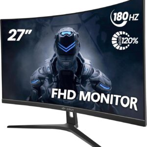 CRUA 27″ Curved Gaming Monitor, FHD 1920x1080P, 144Hz/180Hz Computer Monitor, 1800R VA Screen, 120% sRGB, AMD FreeSync, HDMI & DP, Wall Mount Install- Black