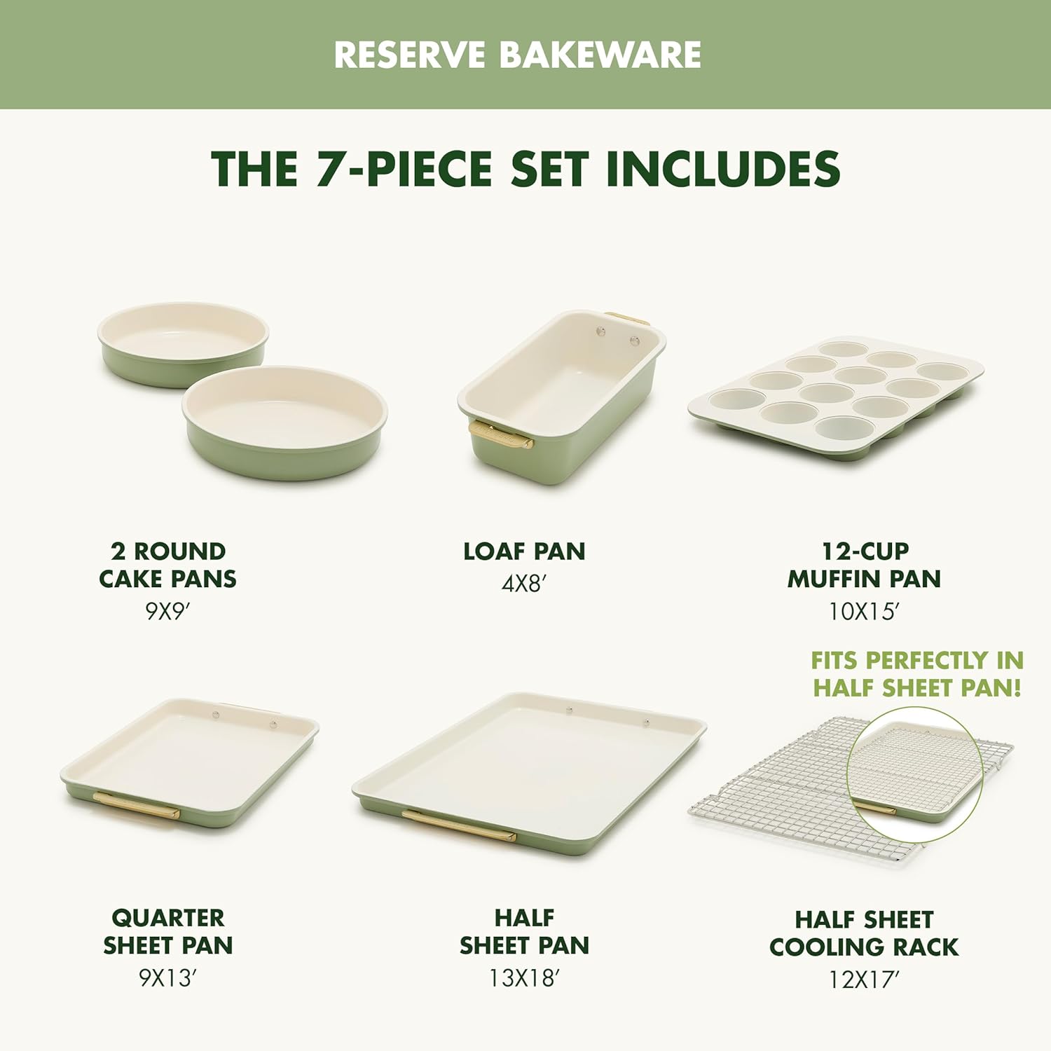GreenPan Bakeware Set, 7 Piece Nonstick Ceramic Gold Handle Baking Sheets, Cake Pans, Loaf Pan, Muffin Tin, Cooling Rack, PFAS & BPA Free, Freezer to Oven Dish, Bake & Roast Ovenware, Sage Green - Image 4