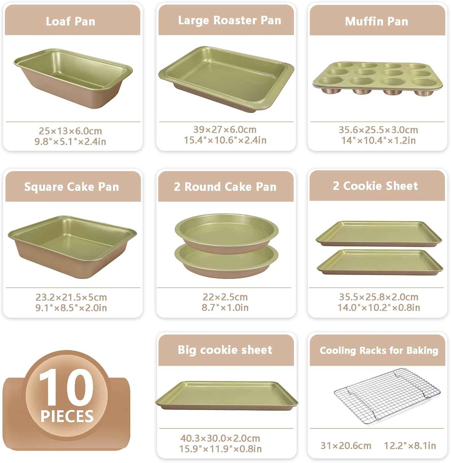 Nonstick Bakeware Set 10 Pcs, Professional Kitchen Bicolor Baking Pans Set with Cookie Sheets, Muffin Pan, Loaf Pan, Cake Pan and Cooling Rack, Dishwasher Safe, 0.8mm Thick, Heavy Duty - Image 2