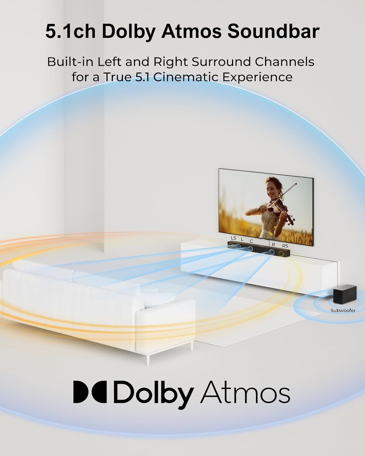 ULTIMEA 5.1CH Surround Sound Bar with Subwoofer, Dolby Atmos, VoiceMX, BassMX, APP, 300W Soundbar for Smart TV, Home Theater Surround Sound System for TV, BT 5.4, Poseidon M60 (2025 Model) - Image 3