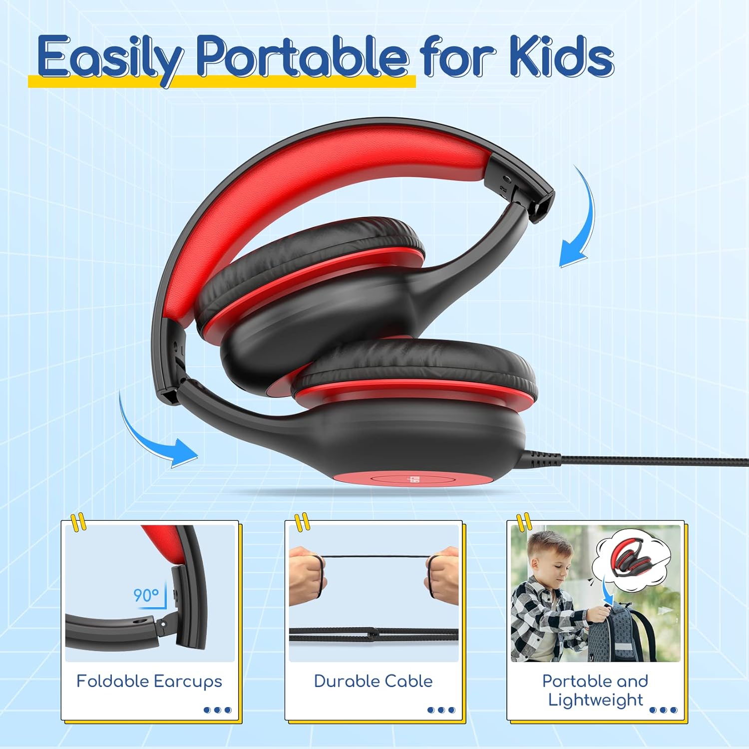 EarFun Kids Headphones Wired with Microphone, 85/94dB Volume Limit Headphones for Kids, Portable Wired Headphone with Shareport, Stereo Sound Foldable Headset for School/Tablet/iPad/Kindle, Black Red - Image 8
