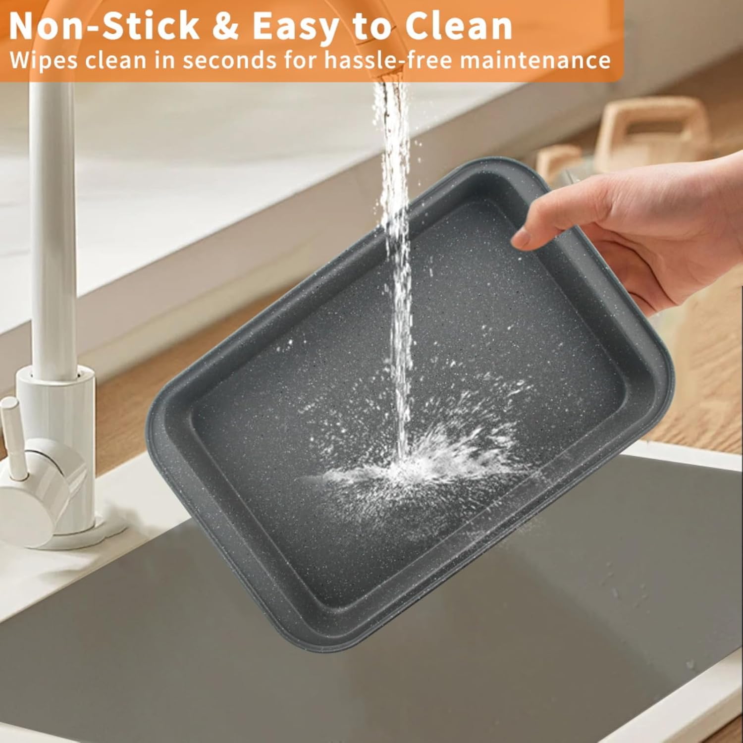 Non Stick Baking Pans Set, Bakeware Sets Stackable for Kitchen with Wider Grips, Oven Safe, Sprinkles Gray, 6 Piece Baking Set with Marble Coating, Round/Square/Muffin Cake Pan - Image 7