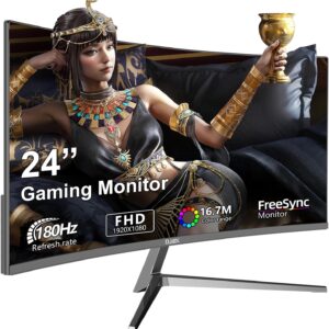24 Inch Curved Gaming Computer Monitor 180hz FHD1080P Frameless Eye Care DisplayPort HDMI 250cd/m² Brightness 99% sRGB AMD FreeSync Flicker-Free Blue Light Filter Wall Mountable （75 * 75mm）