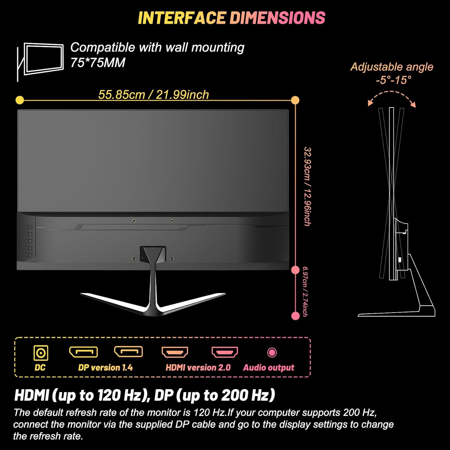 LXZ Gaming Monitor 24.5 inch, 200hz Monitor FHD 1080P Frameless IPS Display with Eye Care, DP/HDMI, Wall Mount Compatible - Black - Image 5