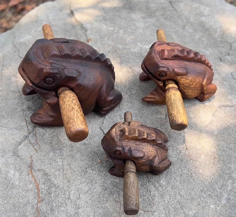 Vintage Thai Percussion Instruments Wooden Frog 3 Pcs Set of 4 Inch Frog, 3 Inch Frog, 2.25 Inch Frog, Wooden Frog Musical Instrument Home Decor (Vintage)