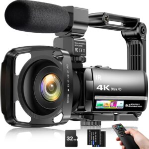 4K Video Camera Camcorder 64MP Vlogging Camera for YouTube 18X Digital Zoom 3.0”Touch Screen IR Night Vision with External Stereo Microphone,Handheld Stabilizer,Remote,Lens Hood,32G Card &2 Batteries