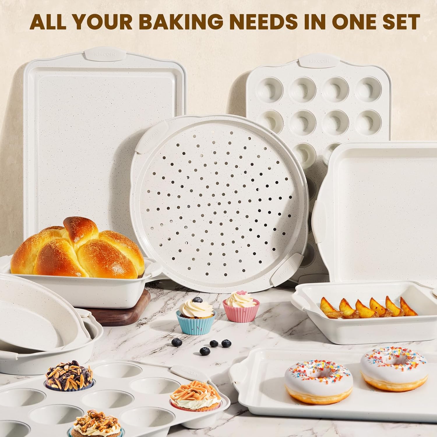 Kikcoin 22 PCS Nonstick Baking Pans Set, Stackable Bakeware Sets with Silicone Handles, 450°F Oven Safe Baking Sheet Set, Easy Release Cookie Sheets for Baking, Cream - Image 7