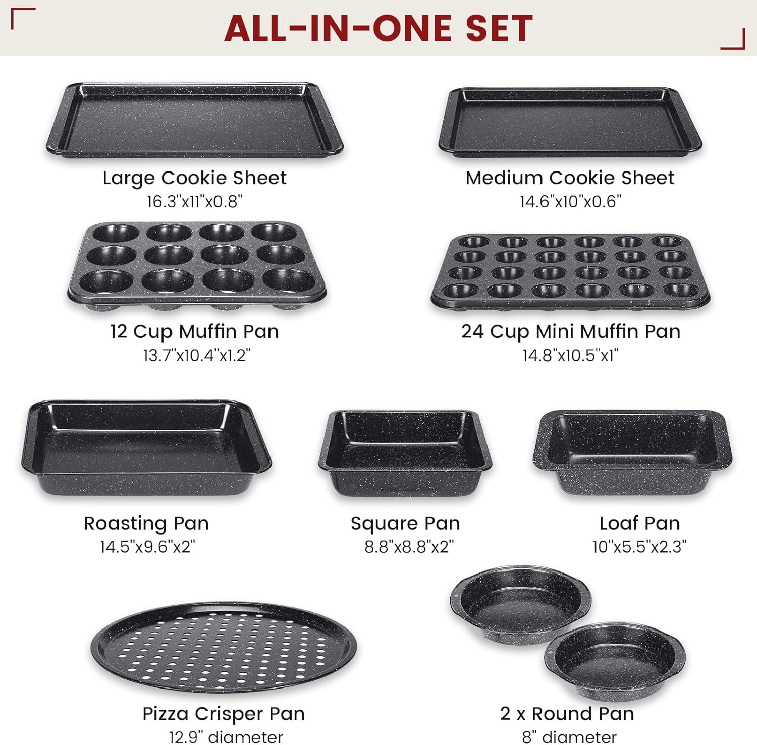 10-Piece Baking Pans Set, Bakeware Sets Nonstick, Baking Set for Oven Cooking, Stackable Carbon Steel Set Include Cookie Sheets, Muffin Pan, Cake Pan, Pizza Pan, Loaf Pan, Roasting Pan, Black - Image 2