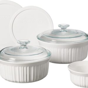 CorningWare French White 7-Pc Ceramic Bakeware Set with Lids Chip and Crack Resistant Stoneware Baking Dish, Microwave, Dishwasher, Oven, Freezer and Fridge Safe