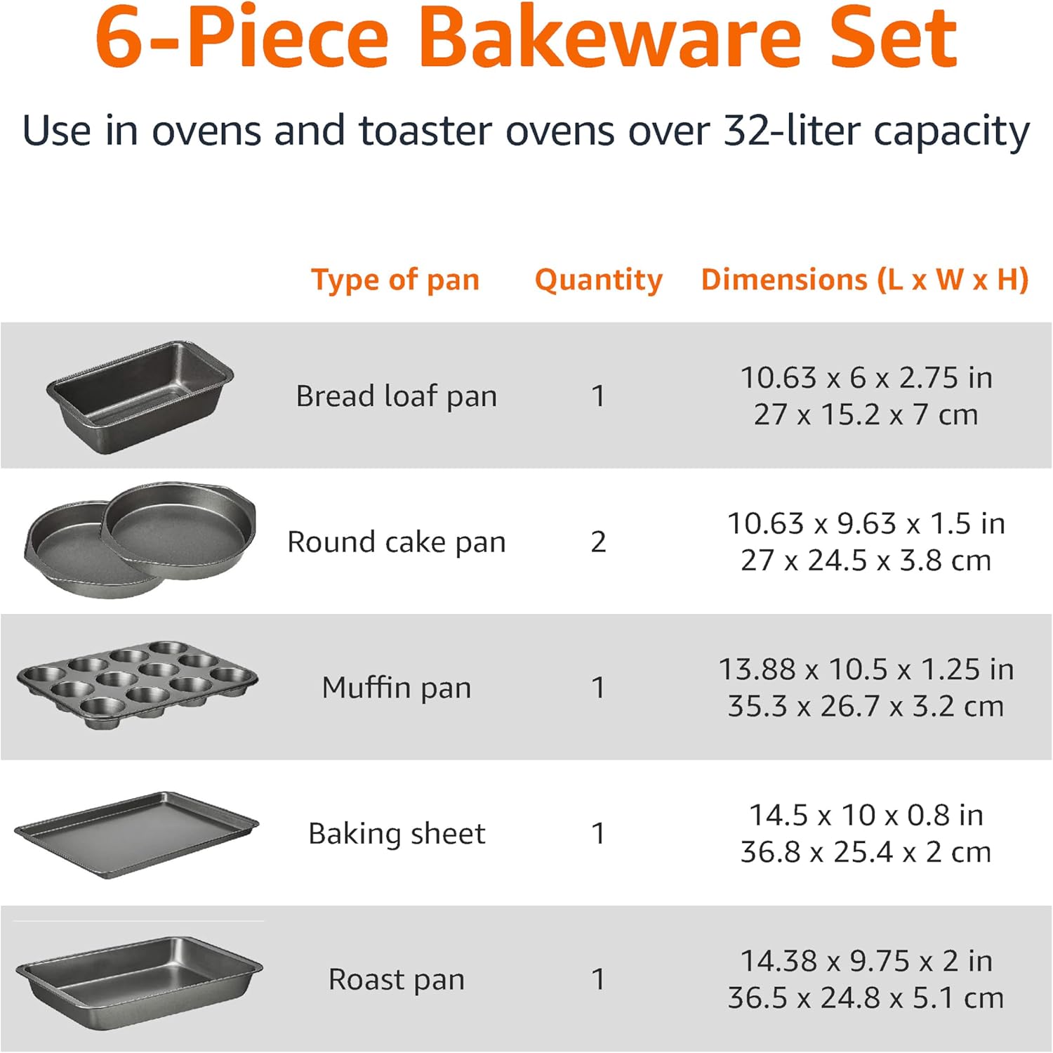 Amazon Basics 6 Piece Nonstick, Carbon Steel Oven Safe Bakeware Set with Cake, Muffin, Cookie, and Loaf Pans, 6 Piece, 16.25 x 11.75 x 6.25 inches - Image 4