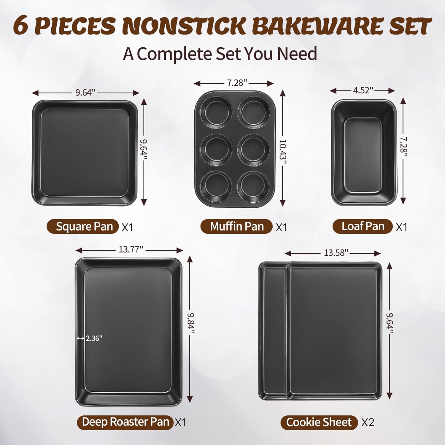 Baking Pans Set, Nonstick Bakeware Sets, Oven Pans for Cooking, AIVIKI 6 Pieces Baking Sheets Set Including Cookie Sheet, Deep Roaster Pan, Square Pan, Loaf Pan, Muffin Pan, Carbon Steel Baking Set - Image 2