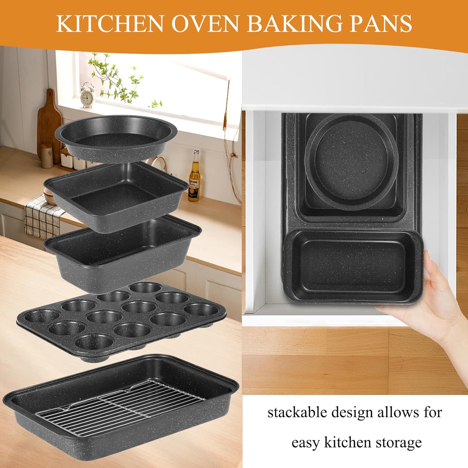 6 Pieces Baking Pans Set, Nonstick Bakeware Sets, Baking Supplies Includes Cake Pan 9 Inch Round, Muffin Pan, Square Baking Pan, Loaf Pan, Roaster Pan and Wire Rack - Image 6