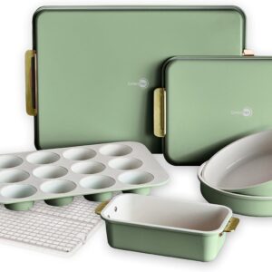 GreenPan Bakeware Set, 7 Piece Nonstick Ceramic Gold Handle Baking Sheets, Cake Pans, Loaf Pan, Muffin Tin, Cooling Rack, PFAS & BPA Free, Freezer to Oven Dish, Bake & Roast Ovenware, Sage Green