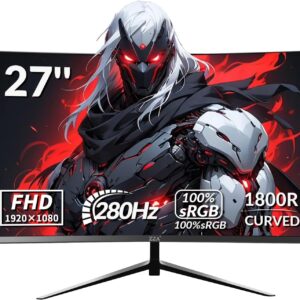 ZZA 27″ Curved Gaming Monitor, 280Hz Refresh Rate, FHD 1920x1080p, 1800R VA Panel, 100% sRGB, AMD FreeSync, Low Blue Light, Ultra-Smooth Esports Display, HDMI 2.0 & DP 1.4, VESA Wall Mountable