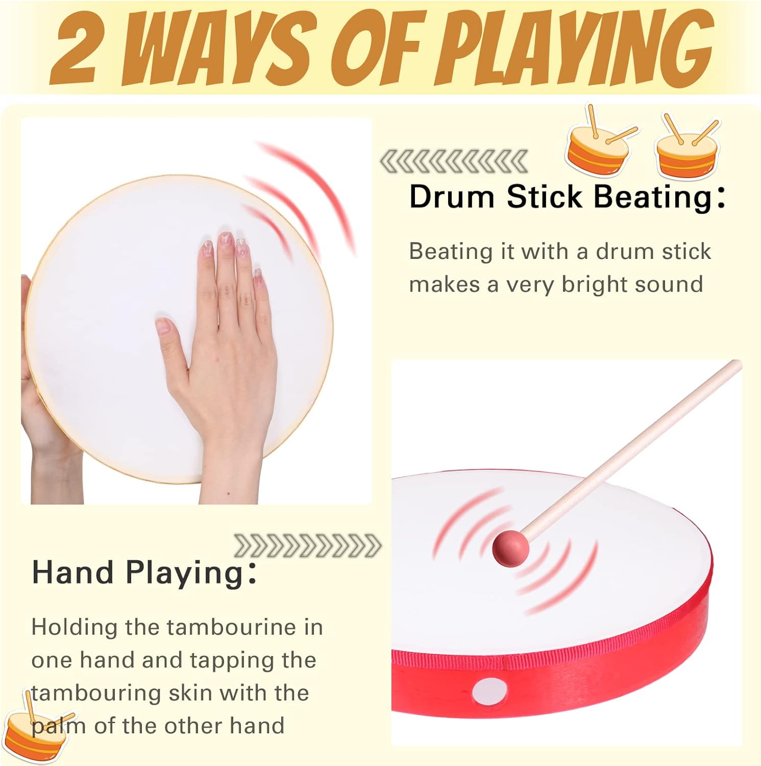 Boao 8 Pcs Kids Hand Drums Percussion Wood Frame Drums with Stick 12 Inch 10 Inch 8 Inch 6 Inch Percussion Musical Instruments for Christmas Home School Kids Adults Beginners Gifts, Multicolor - Image 2