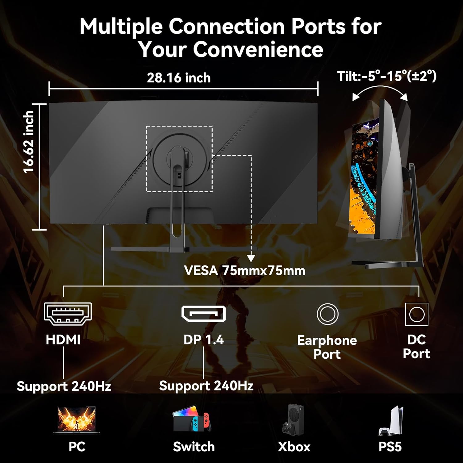 SANSUI 32 Inch Curved 240Hz Gaming Monitor High Refresh Rate, FHD 1080P Gaming PC Monitor HDMI DP1.4, Curved 1500R, 1Ms MPRT, HDR,Metal Stand,VESA Compatible (ES-G32C3F DP Cable Incl.) - Image 8