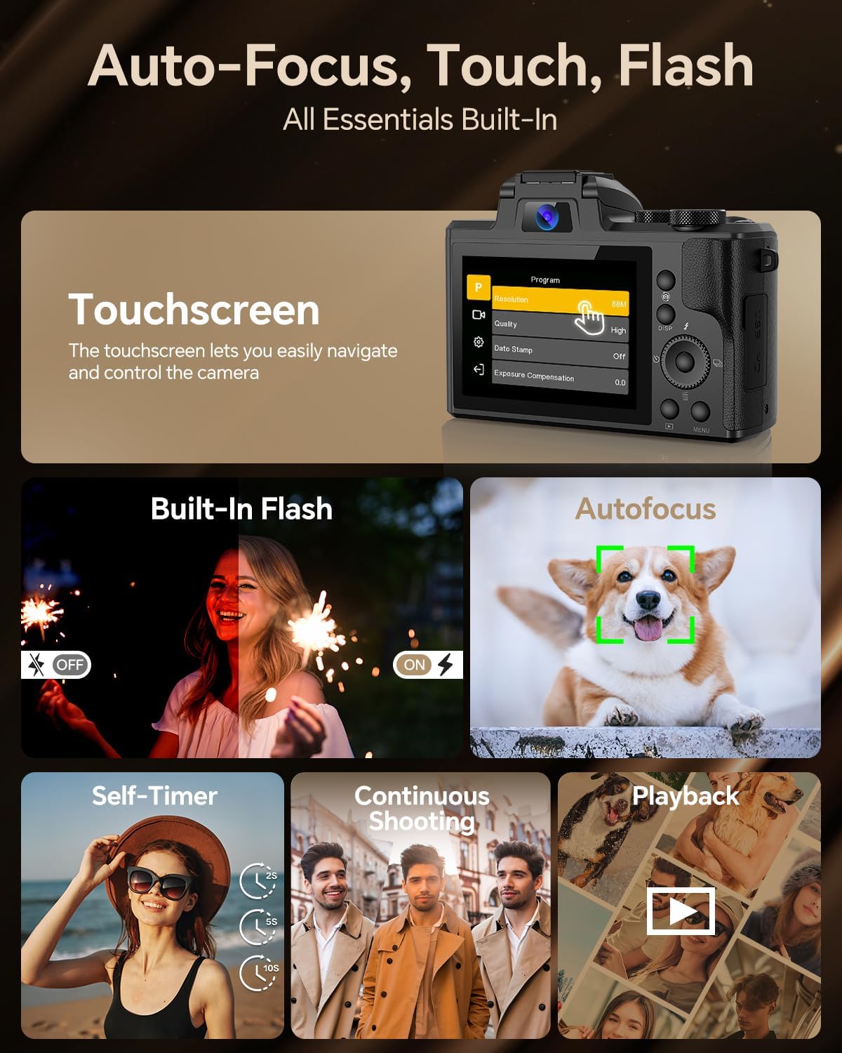 8K Digital Camera for Photography, 88MP Autofocus WiFi Vlogging Camera for YouTube Video with Front and Rear Lens, Flash, Touch Screen, Lens Hood, 64GB Card, 2 Batteries(Black) - Image 5