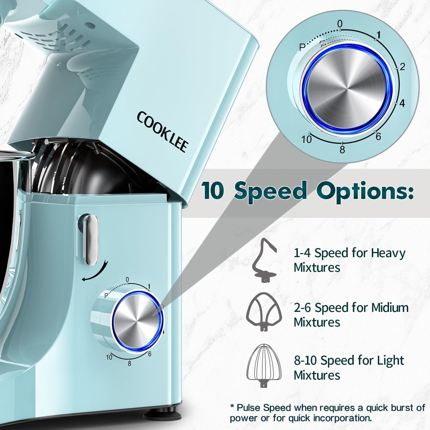 COOKLEE Stand Mixer, 9.5 Qt. 660W 10-Speed Electric Kitchen Mixer with Dishwasher-Safe Dough Hooks, Flat Beaters, Wire Whip & Pouring Shield Attachments for Most Home Cooks, Blue - Image 3