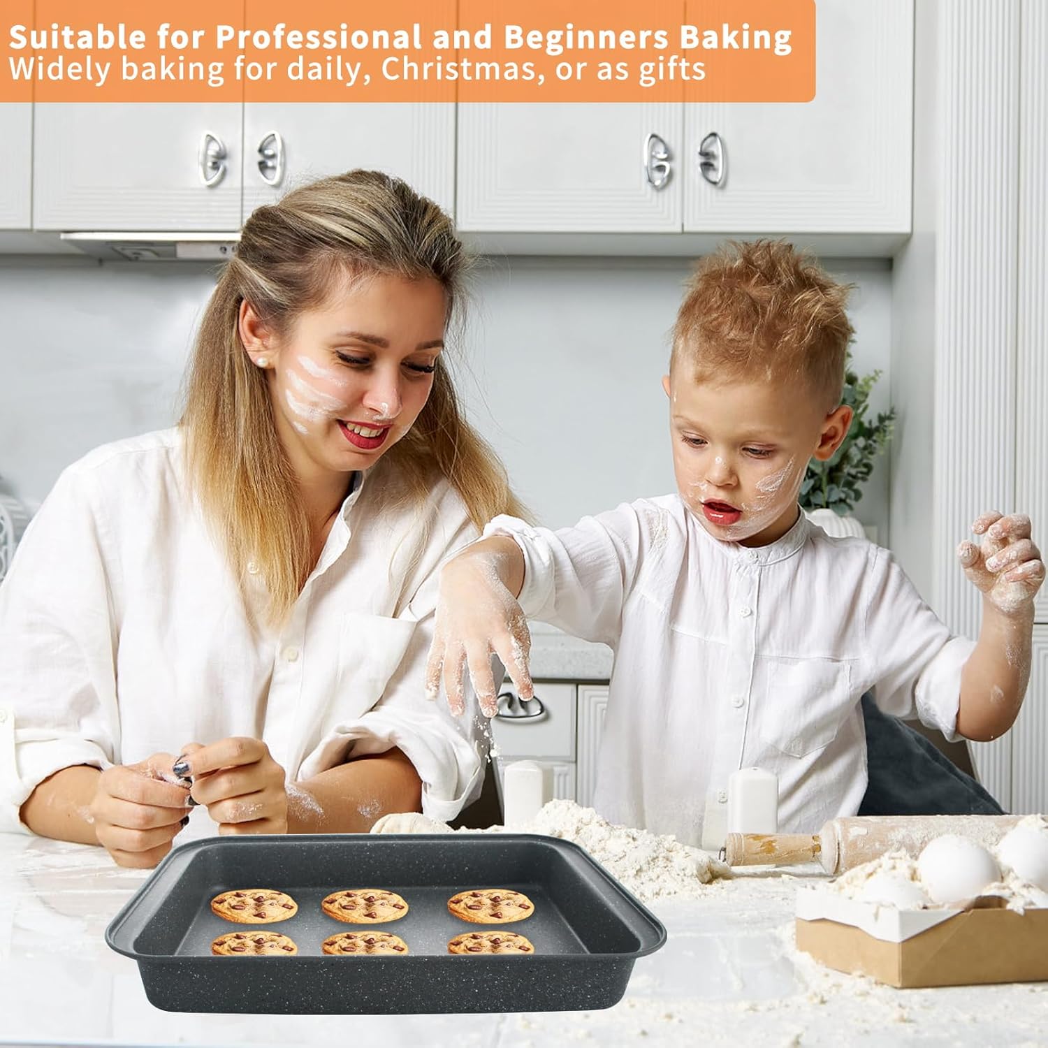 Non Stick Baking Pans Set, Bakeware Sets Stackable for Kitchen with Wider Grips, Oven Safe, Sprinkles Gray, 6 Piece Baking Set with Marble Coating, Round/Square/Muffin Cake Pan - Image 8