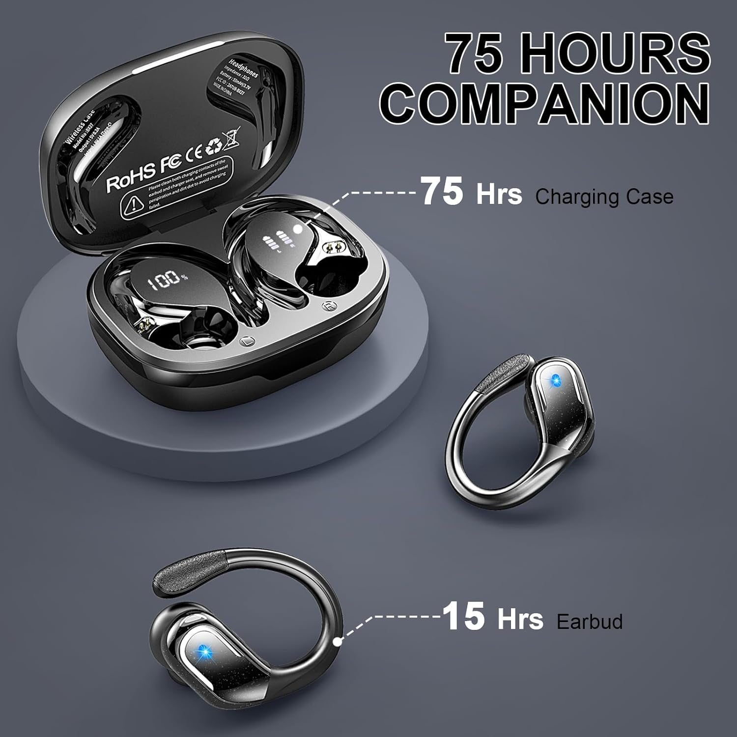 Wireless Earbuds Sport, Bluetooth 5.4 Headphones 2025 Bluetooth Earbuds with 75Hrs Stereo, 4 ENC Mic, Over-Ear Buds with Earhooks Noise Canceling Earphones , IP7 Waterproof Headset for Workout/Running - Image 3