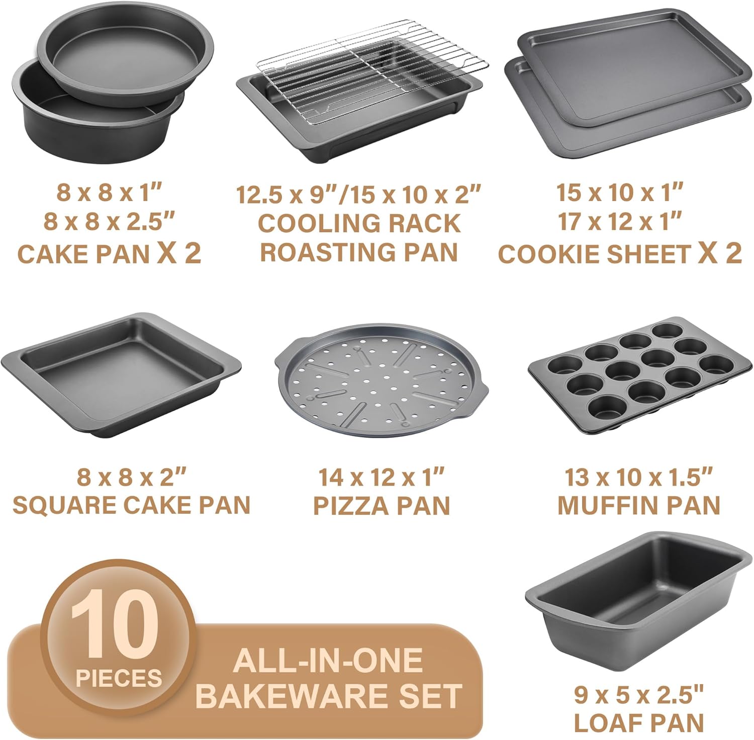 HONGBAKE Bakeware Sets, Baking Pans Set, Nonstick Oven Pan for Kitchen with Wider Grips, 10 Pieces Including Rack, Cookie Sheet, Cake Pans, Loaf Pan, Muffin Pan, Pizza Pan - Grey - Image 3
