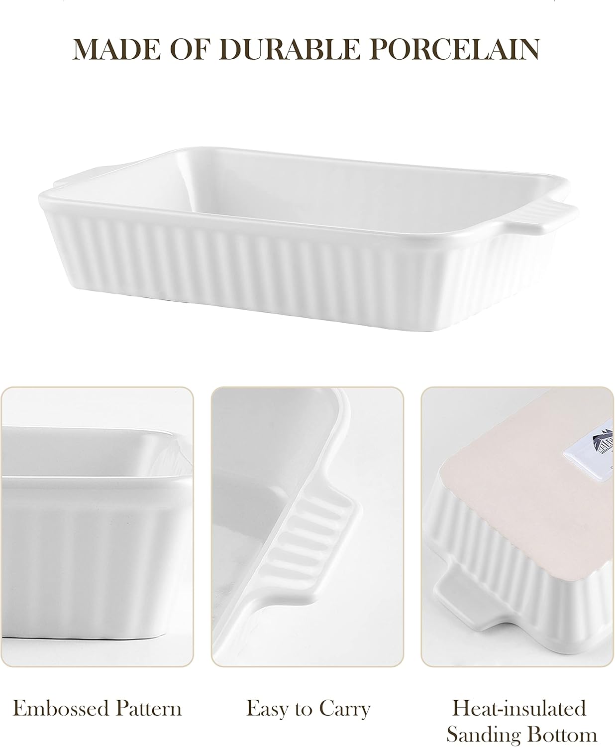 MALACASA Casserole Dishes for Oven, Porcelain Baking Dishes, Ceramic Bakeware Sets of 4, Rectangular Lasagna Pans Deep with Handles for Baking Cake Kitchen, White (9.4"/11.1"/12.2"/14.7"), Series - Image 3