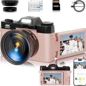 4K Digital Camera for Photography, 75MP WiFi Vlogging Video Camera for Youtube with 3” 180°Flip Screen, 64GB SD Card, 16x Digital Zoom, 2 Batteries, Point and Shoot Digital Camera for Beginner (Pink)
