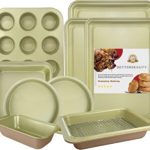 Nonstick Bakeware Set 10 Pcs, Professional Kitchen Bicolor Baking Pans Set with Cookie Sheets, Muffin Pan, Loaf Pan, Cake Pan and Cooling Rack, Dishwasher Safe, 0.8mm Thick, Heavy Duty