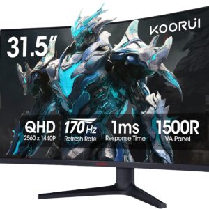 KOORUI 32 inch Curved Gaming Monitor – QHD (2560 x 1440) 2K Display, 170Hz 144Hz Monitor, 1500R Curvature, 1ms, HDR10, Adaptive Sync, Tilt Adjustable, DisplayPort HDMI, Black – 32E6QC