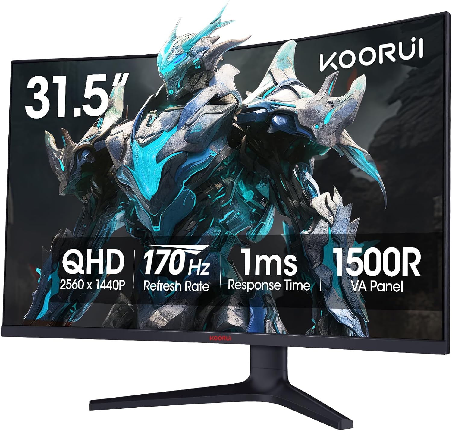 KOORUI 32 inch Curved Gaming Monitor - QHD (2560 x 1440) 2K Display, 170Hz 144Hz Monitor, 1500R Curvature, 1ms, HDR10, Adaptive Sync, Tilt Adjustable, DisplayPort HDMI, Black - 32E6QC