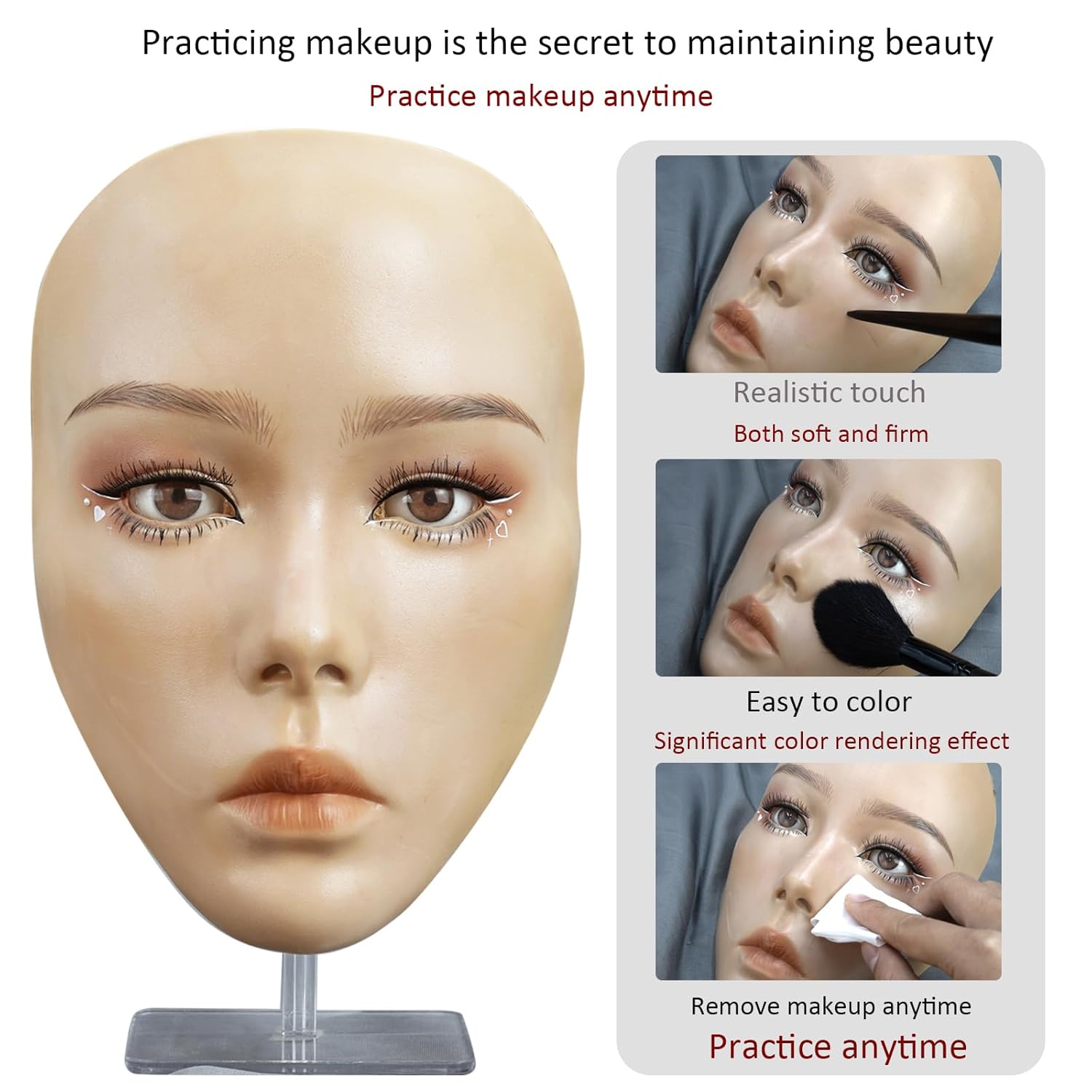 5D makeup Practice Face Board, Silicone Makeup Mannequin Face, Reusable Beginner Practice Eye Makeup Face, Eye Fake Silicone, Makeup Artist Full Face Practice Eyelash Eye Shadow Eyeliner Pen Simulatio - Image 2