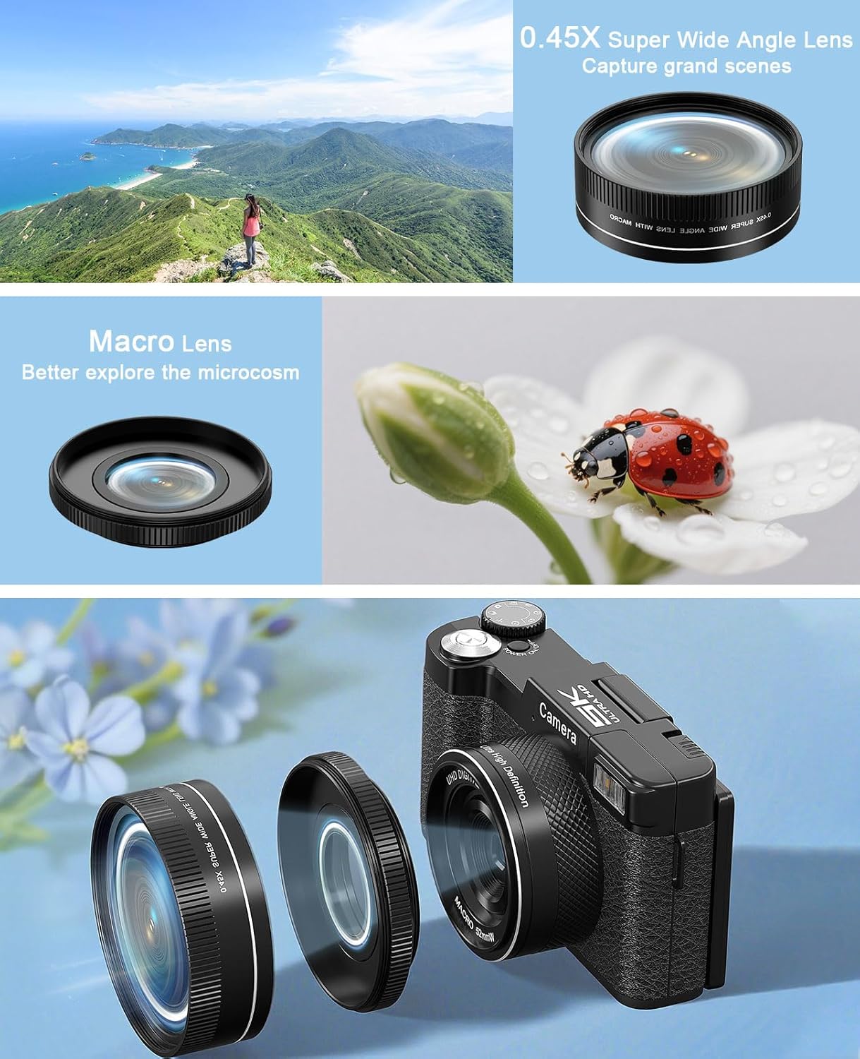 FLATIC Digital Camera with WiFi, 5K 64MP Cameras for Photography with 180° Flip Screen for YouTube, 18X Zoom Autofoucs Vlogging Camera with 64GB Card, Wide & Macro Lens, 2 Batteries, Card Reader - Image 6