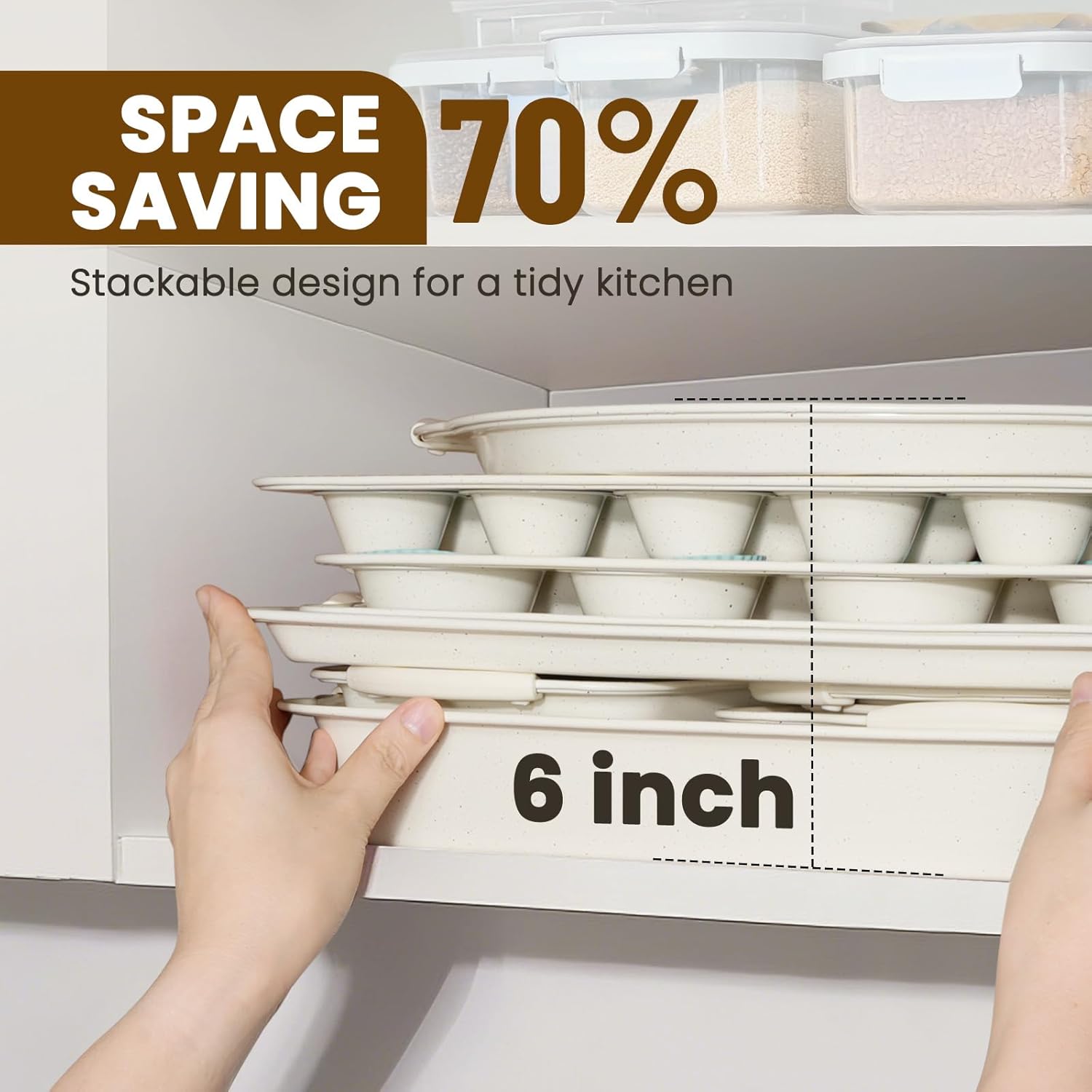 Kikcoin 22 PCS Nonstick Baking Pans Set, Stackable Bakeware Sets with Silicone Handles, 450°F Oven Safe Baking Sheet Set, Easy Release Cookie Sheets for Baking, Cream - Image 6