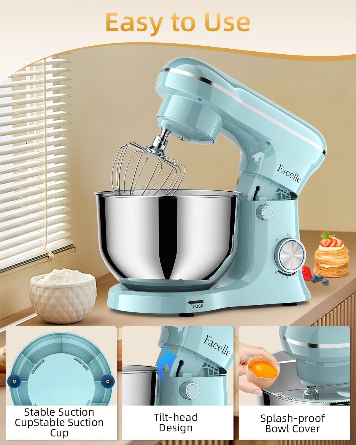 Facelle Tilt-Head Stand Mixer, 5QT+6QT Stainless Steel Two Bowls, 10 Speeds Kitchen Electric Food Mixer with Egg Whisk, Dough Hook, Beater, Dishwasher-Safe Attachment, Ideal Gift for Mom - Image 8