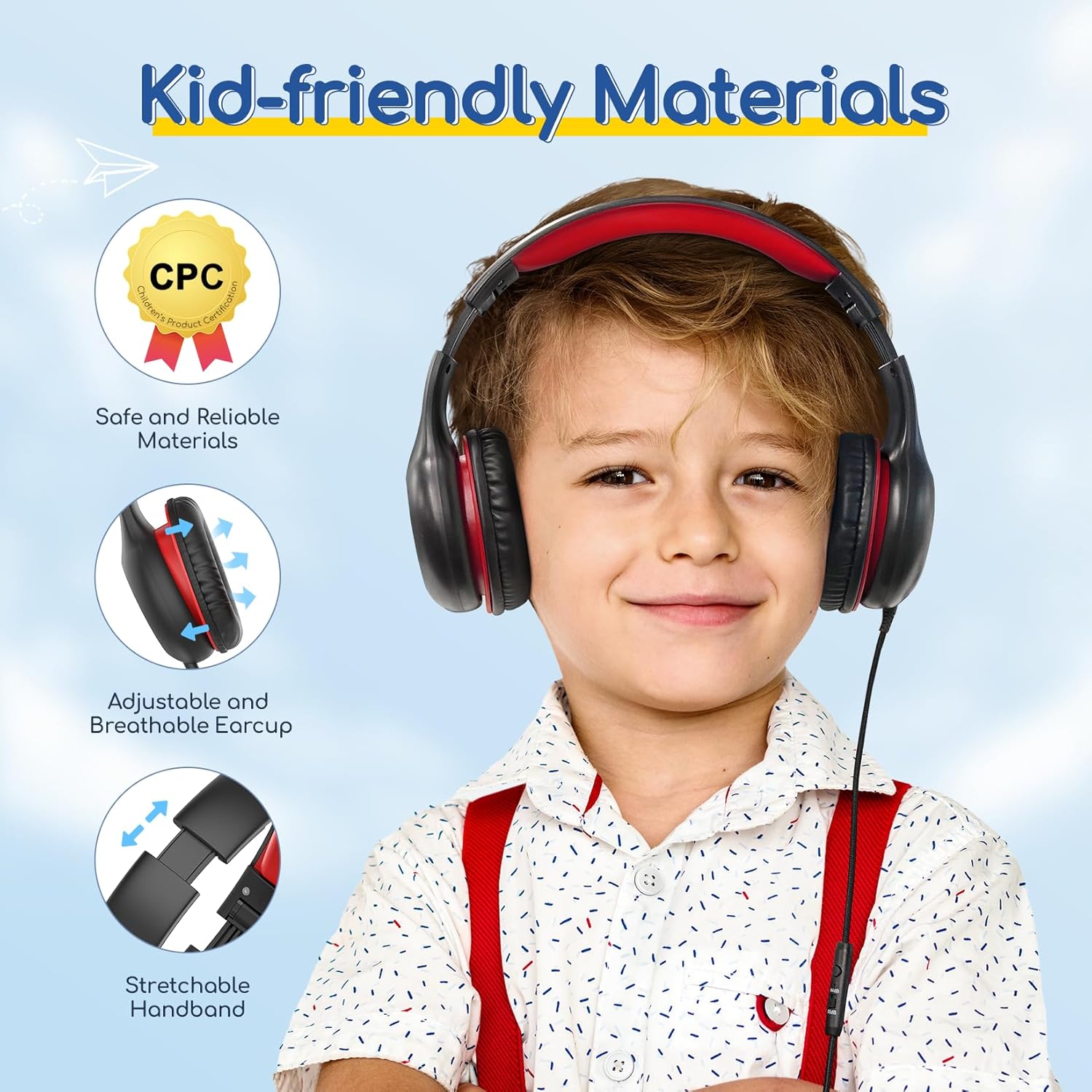 EarFun Kids Headphones Wired with Microphone, 85/94dB Volume Limit Headphones for Kids, Portable Wired Headphone with Shareport, Stereo Sound Foldable Headset for School/Tablet/iPad/Kindle, Black Red - Image 4