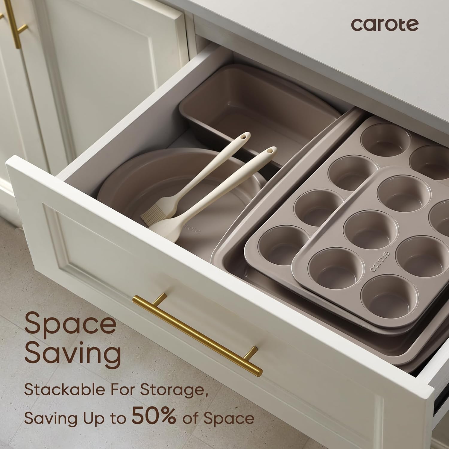 CAROTE 9-Piece Nonstick Stackable Baking Pans Set - Bakeware Sets Including Cookie Sheets, Muffin Pan, Bread Pan, Cake Pan, Loaf Pan, Roasting Pan, Gray & Khaki - Image 6