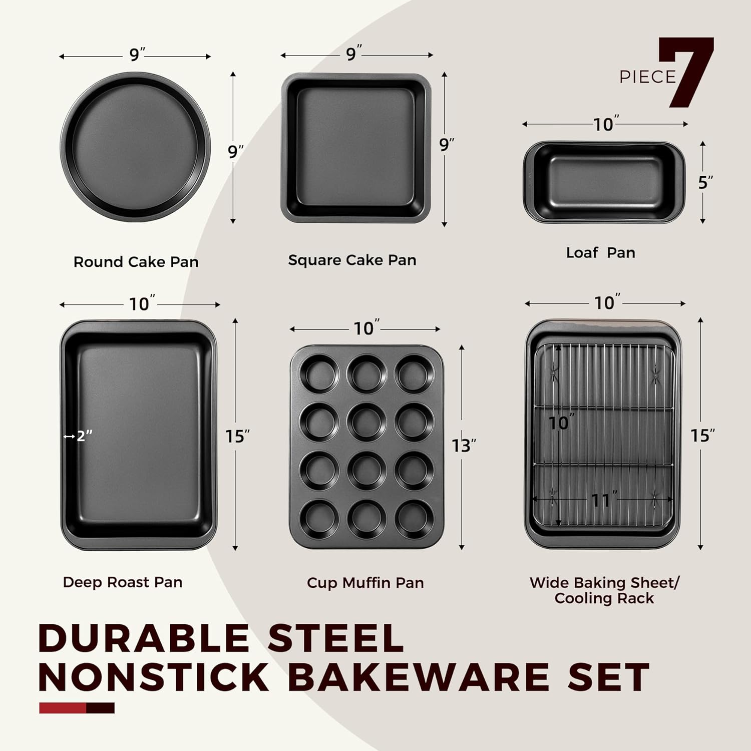 KITESSENSU Baking Pans Sets, Nonstick Bakeware Sets 7-Piece with Round/Square Cake Pan, Loaf Pan, Muffin Pan, Cookie Sheet, Roast Pan, Cooling Rack, Carbon Steel Bake Set - Image 6
