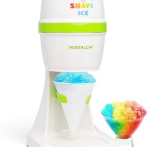 Nostalgia Electric Shave Ice Maker – Tabletop Snow Cone & Slushie Machine – 2 Ice Mold Bowls & 1 Reusable Plastic Cone – Green & White