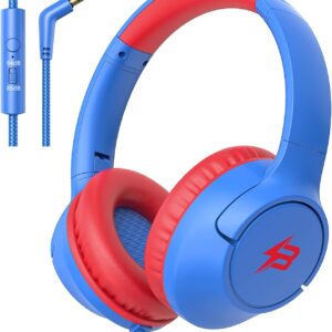 Kids Headphones for School, 85/94 dB Volume Limit, Wired Over Ear Headphones for Kids Boys Girls with Microphone, Foldable Stereo Sound 3.5mm Wired Cord for Kindle Tablet Airplane Travel, Blue