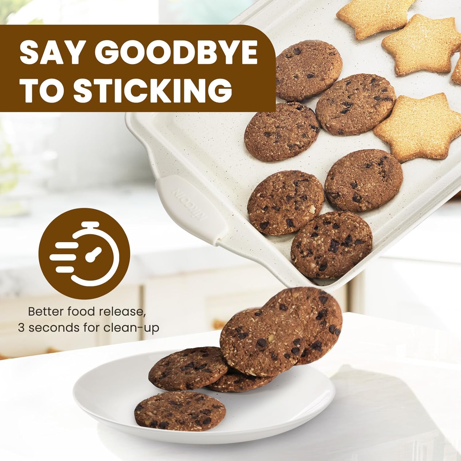 Kikcoin 22 PCS Nonstick Baking Pans Set, Stackable Bakeware Sets with Silicone Handles, 450°F Oven Safe Baking Sheet Set, Easy Release Cookie Sheets for Baking, Cream - Image 4