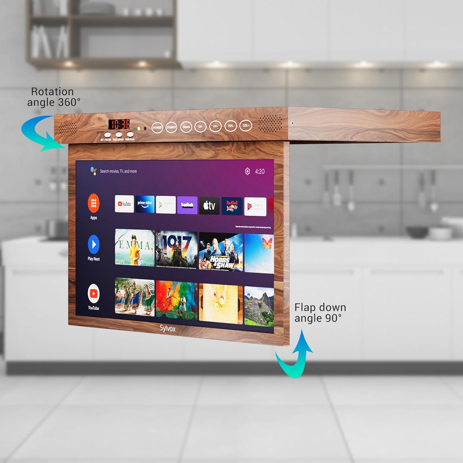 SYLVOX 15.6" Under Cabinet Smart TV – 360° Rotation, 90° Flip-Down Screen, Wireless Connectivity, Space-Saving Design for Kitchen, Bedroom, or RV. (Wood Grain Color) - Image 5