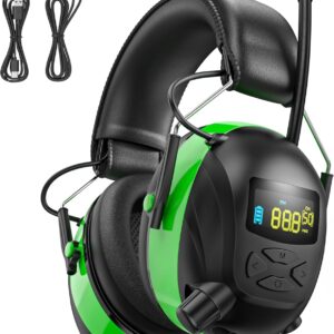 2025 AM/FM Radio Ear Protection Headphones with Backlit Digital Display, 120H Working Time, Rechargeable Hearing Protector, 30dB Noise Reduction Safety Earmuffs for Mowing, Construction, Work, Green