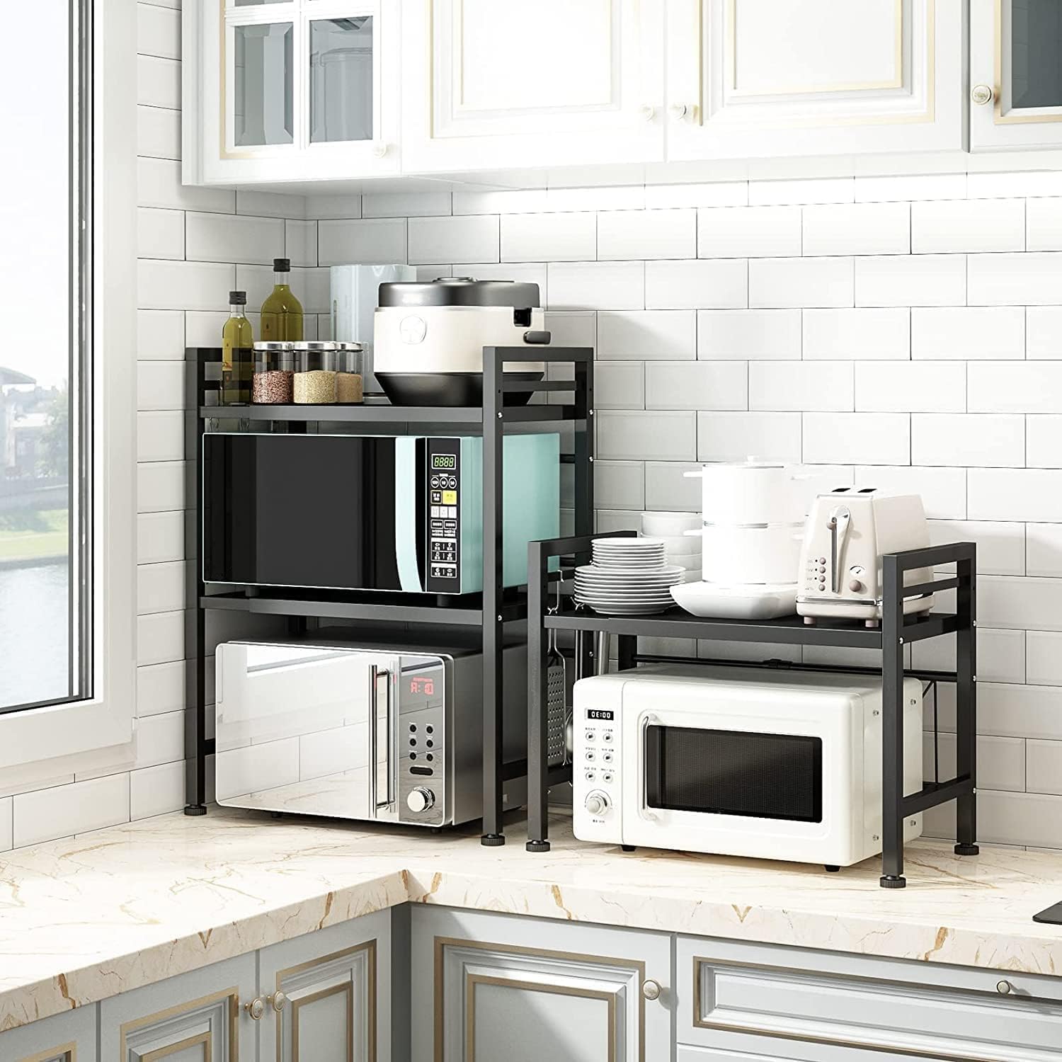 DOLALIKE Microwave Oven Rack, Expandable Microwave Stand Countertop Kitchen Utensils Tableware Storage, Carbon Steel Over Microwave Shelf Countertop with 3 Hooks - Image 7