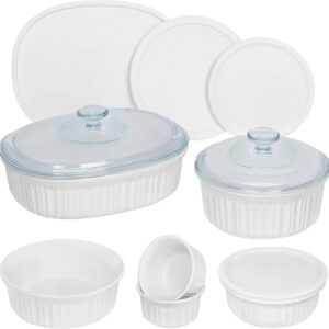 CorningWare French White 12-Pc Ceramic Bakeware Set with Lids Chip and Crack Resistant Stoneware Baking Dish, Microwave, Dishwasher, Oven, Freezer and Fridge Safe